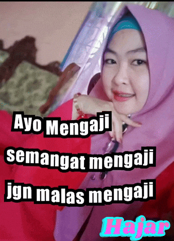 a woman wearing a purple hijab with the words ayo mengaji semangat mengaji ign malas mengaji