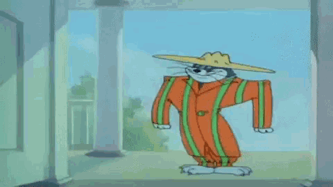 a cartoon character is holding a gun in his hand while wearing a sombrero .
