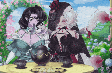 two women are sitting at a table with a teapot and cups of tea