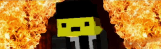 a cartoon character with a yellow face and a black hat is standing in front of a fire