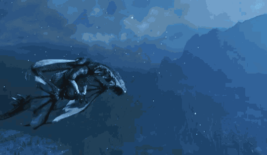 a dragon is flying through a blue sky