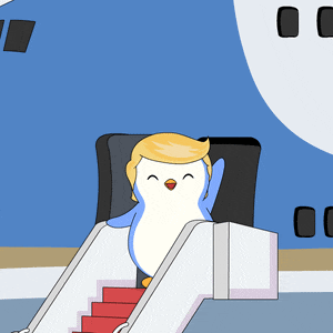 a cartoon of a penguin sitting on the stairs of a plane