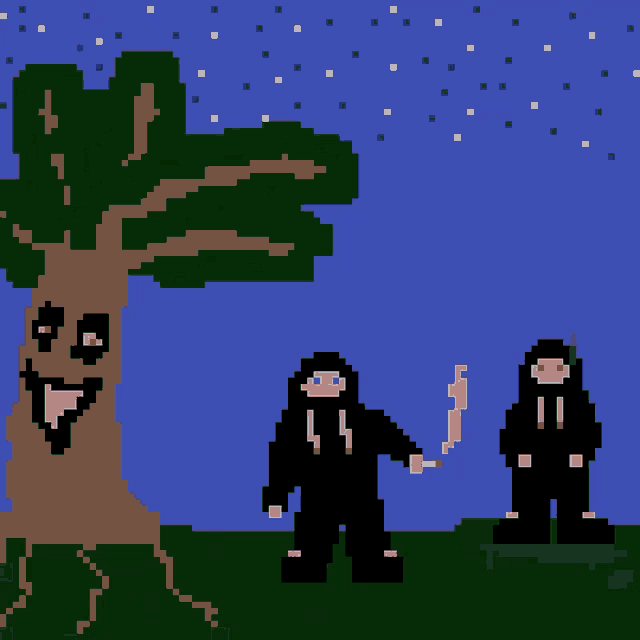 a pixel art drawing of a tree with a face
