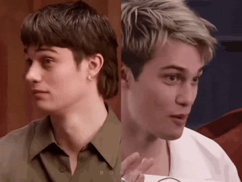a man with a mullet hairstyle and a man with a white shirt