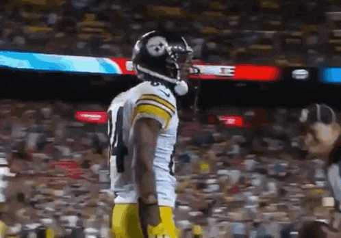 a football player wearing a helmet is standing on the field .