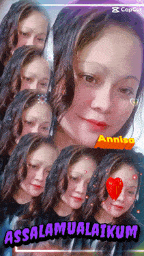 a collage of a woman 's faces with the caption " assalamualaikum "