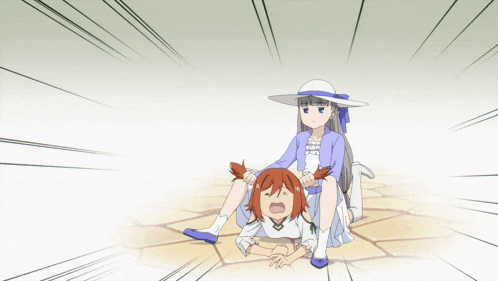 a girl in a blue jacket is sitting on a girl in a white dress