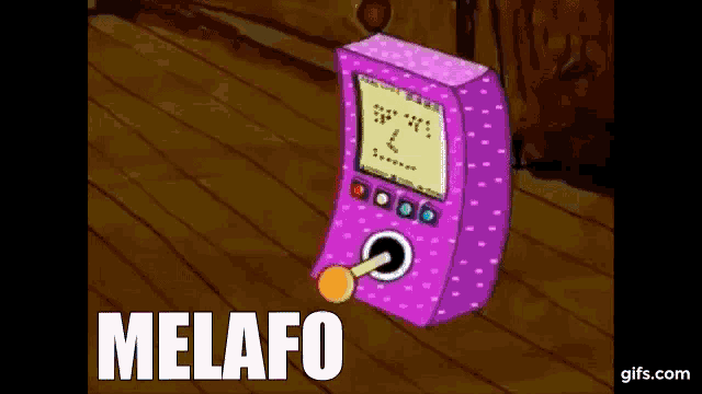 a cartoon of a purple machine with the word melafo on the bottom