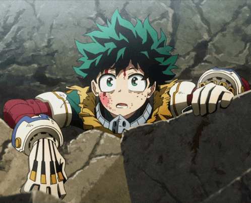 a cartoon character with green hair and white gloves is standing next to a rock