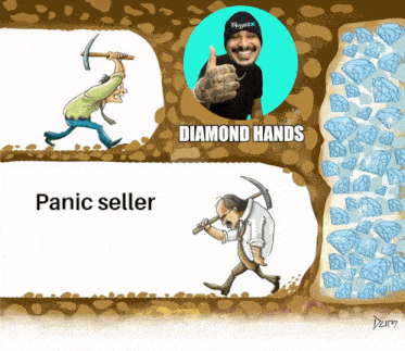 a cartoon of a man holding a pickaxe next to a picture of a man holding a hammer and the words panic seller