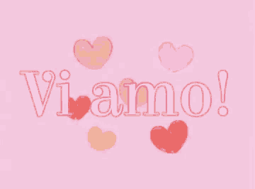 the word vi amo is on a pink background with hearts