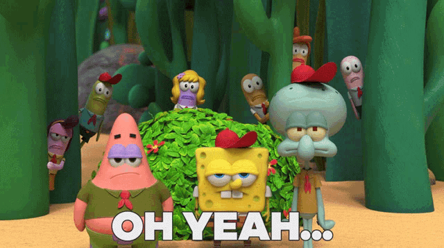 a group of cartoon characters standing next to each other with the words oh yeah written in white