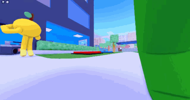 a yellow cartoon character is standing in front of a green object in a video game