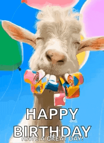a goat is holding balloons in its mouth and says `` happy birthday have a great day ! ''