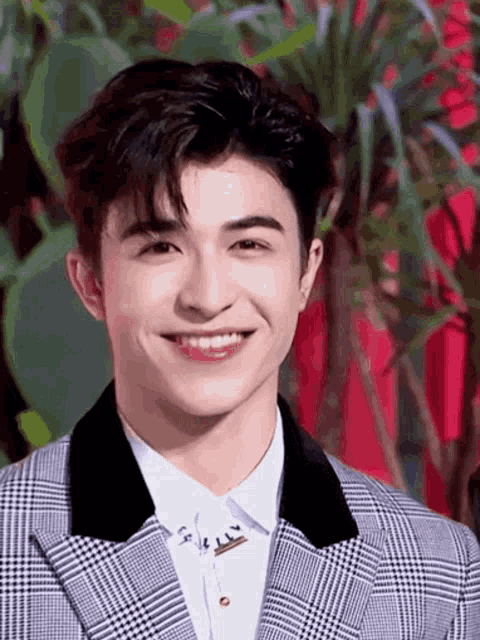 a young man wearing a plaid suit and white shirt smiles