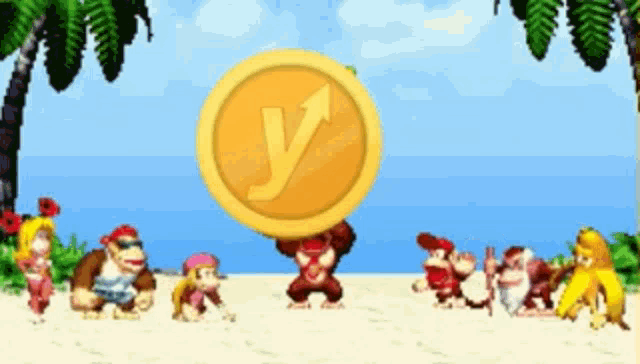 a group of donkey kong characters standing on a beach with a yellow coin with the letter y on it
