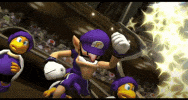 a cartoon character wearing a purple hat and gloves with the letter p on it