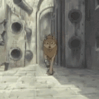 a cartoon wolf is walking down a brick sidewalk in a building .