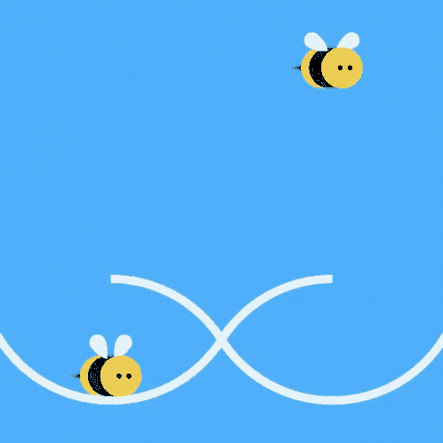 two bees are flying over a white line on a blue sky