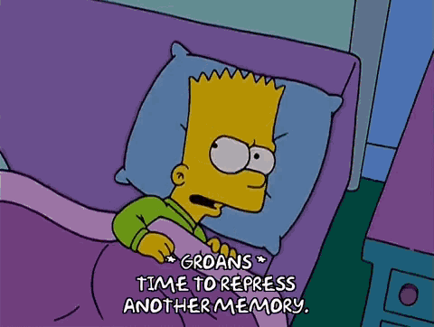 a cartoon of bart simpson laying in bed with the words groans time to repress another memory