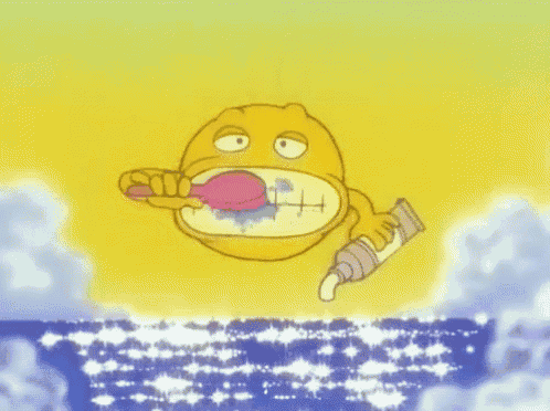 a yellow cartoon character is brushing his teeth and holding a tube of toothpaste