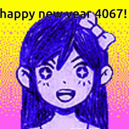 a cartoon girl with blue hair and a bow on her head is smiling and says happy new year .