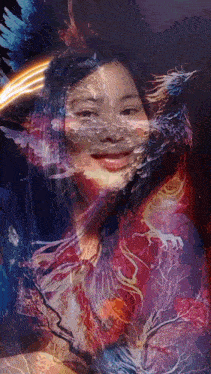 a double exposure of a woman 's face and a painting of a tree .