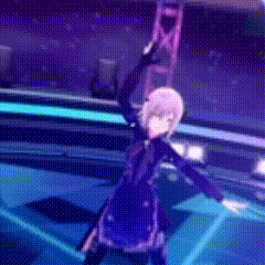 a girl in a purple dress is standing in a dark room holding a sword .