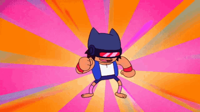 a cartoon character wearing a cat mask and sunglasses is dancing on a pink and orange background