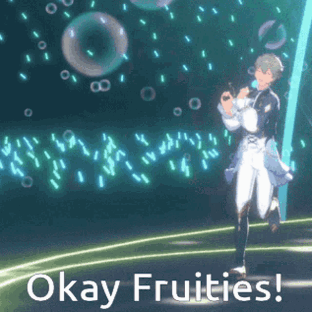 a man holding a microphone with the words okay fruities written below him
