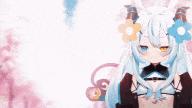 a girl with horns and flowers in her hair has a heart shaped tail