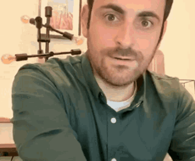 a man with a beard is wearing a green shirt and looking at the camera