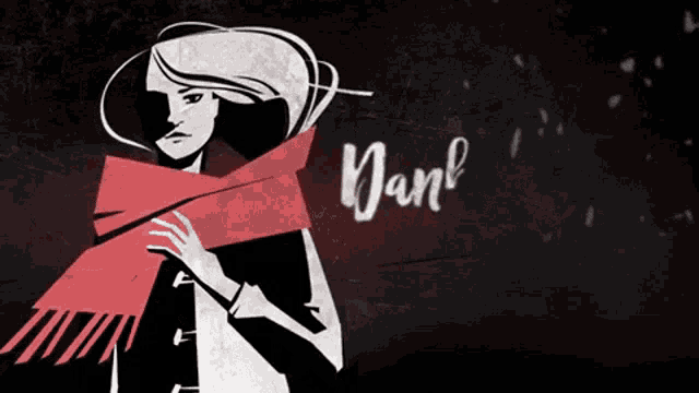 a black and white drawing of a woman wearing a red scarf with the word danke written in white