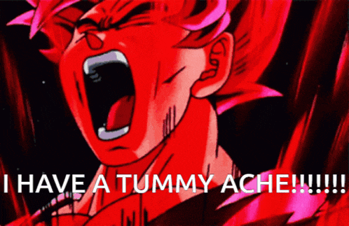 a cartoon character is screaming with the words i have a tummy ache written below him