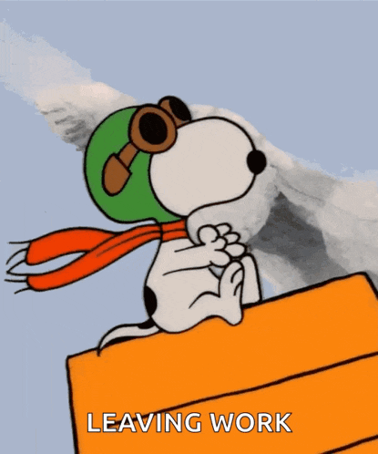 a cartoon of snoopy wearing a green helmet and goggles with the words leaving work written below him
