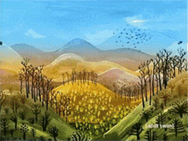a painting of a landscape with trees and mountains and the word scott wolf on the bottom right