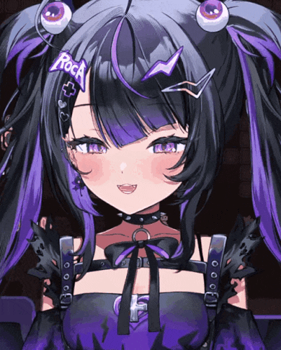 a girl with purple hair is wearing a headband that says roca