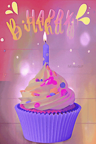 a purple birthday cupcake with a lit candle on top