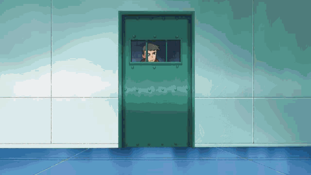 a man is looking out of a green door in a room