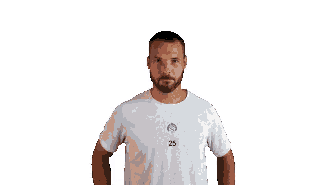 a man with a beard wearing a white shirt with the number 25 on it