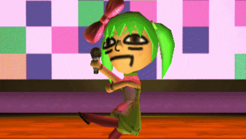 a girl with green hair is singing into a microphone in front of a checkered wall