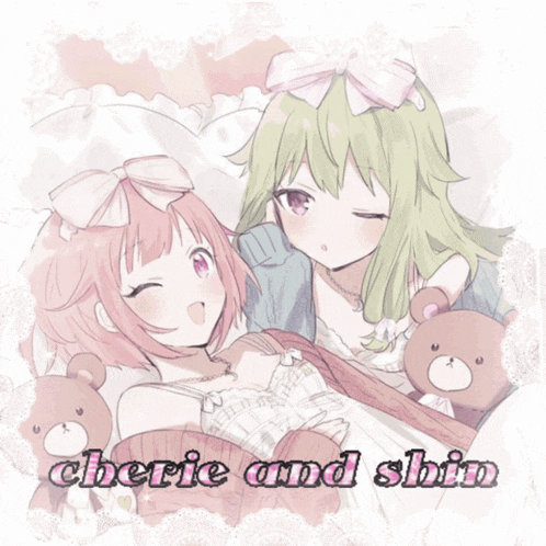 a drawing of two anime girls with the words cherie and shin written below them
