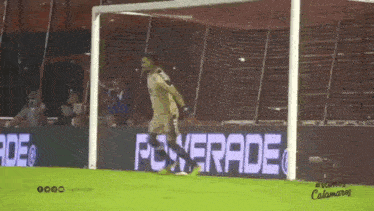 a soccer goalie is standing in front of a banner that says powerade on it