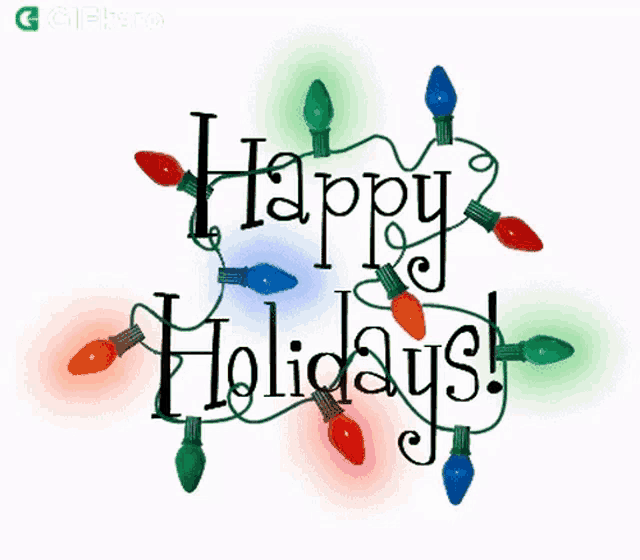 a sign that says happy holidays with christmas lights in the background