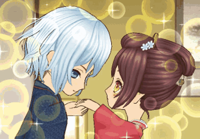 a boy and a girl are touching each other 's faces in a cartoon