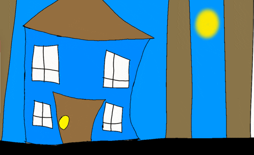 a drawing of a blue house with a yellow door