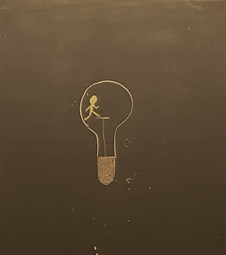 a chalk drawing of a light bulb with a stick figure inside