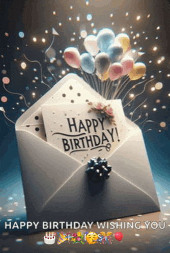 an envelope with balloons and a card that says happy birthday wishing you