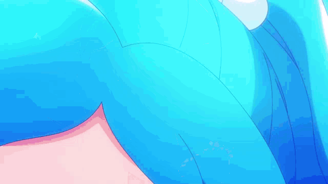 a close up of a blue haired anime girl with a paw with hearts on it