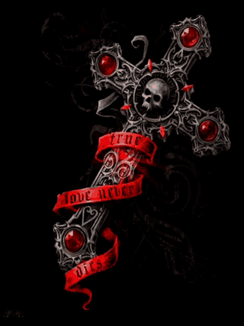 a cross with a skull and a red ribbon that says " i love never dies "